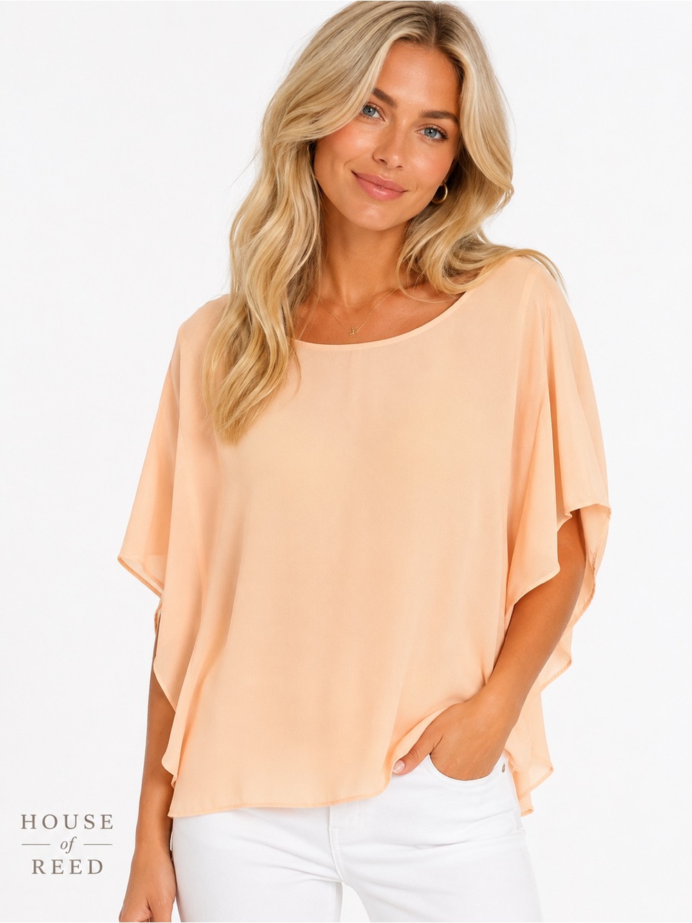 Crosby by Mollie Burch Peach Cape Sleeve Blouse Size Small Flowy‎ Chiffon Top